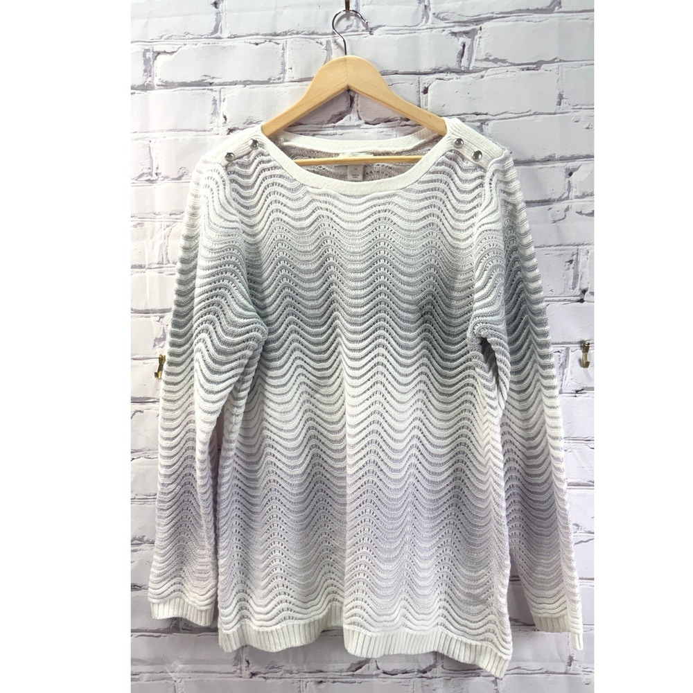 CJ Banks Sweater Womens 1X White Ombre Wavy Knit Metallic Button Shoulder Top